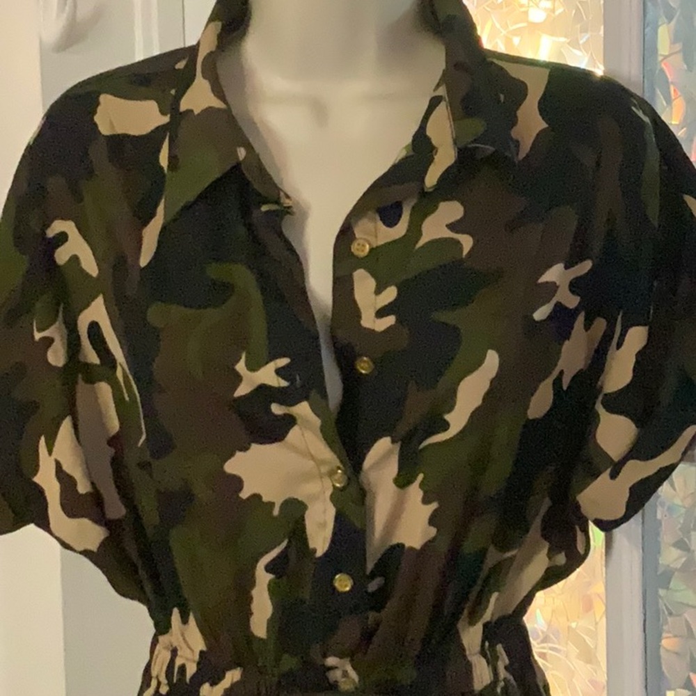 Camo Button-Front Tie-Waist Shirt Dress - Picture 2 of 3